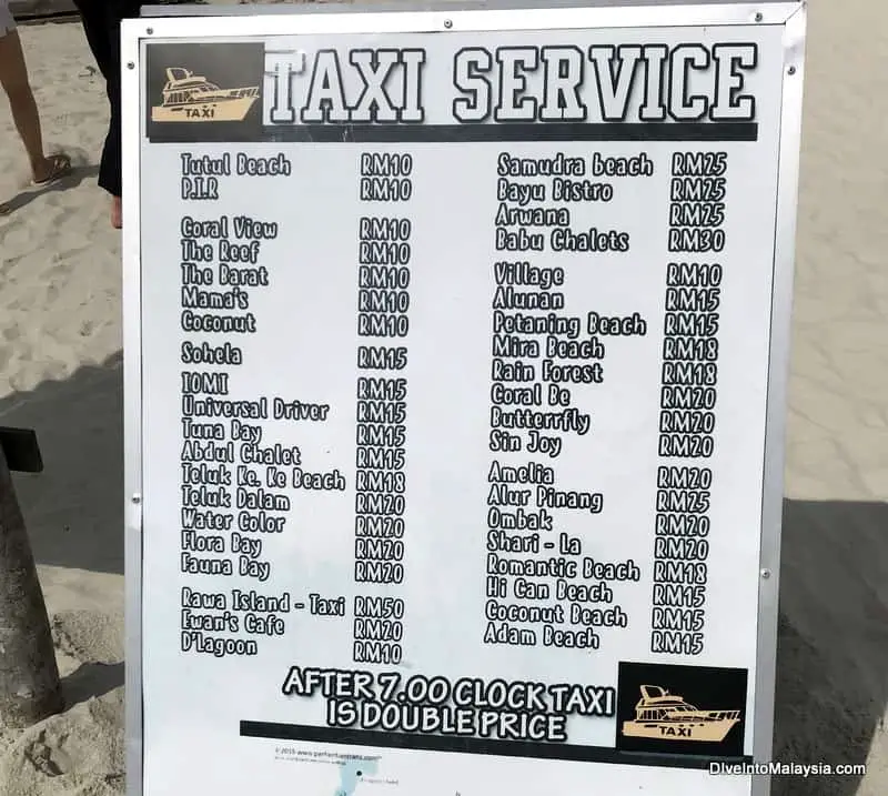 Taxi prices from Long Beach to the rest of Perhentian Islands