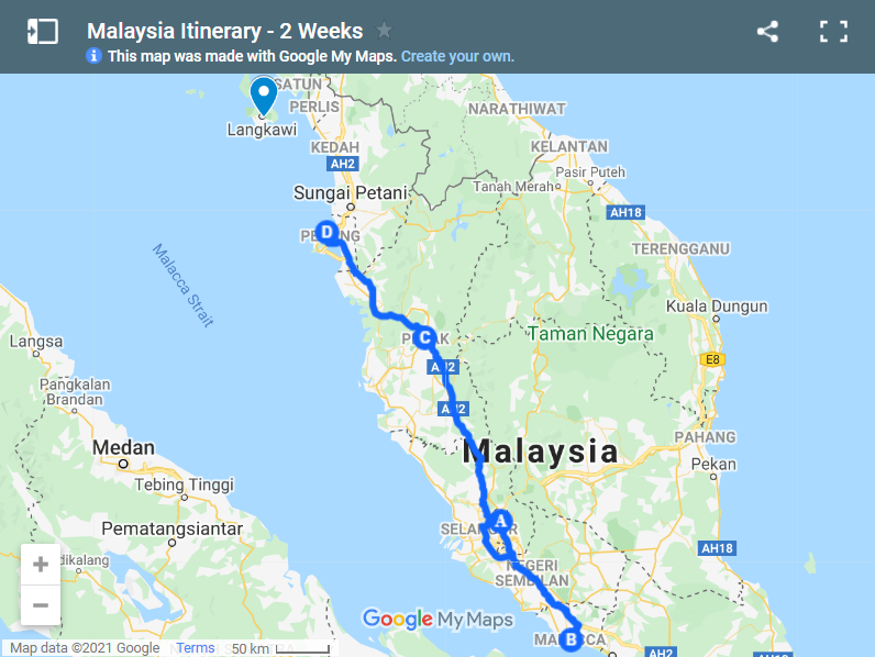 Malaysia Itinerary - 2 Weeks map