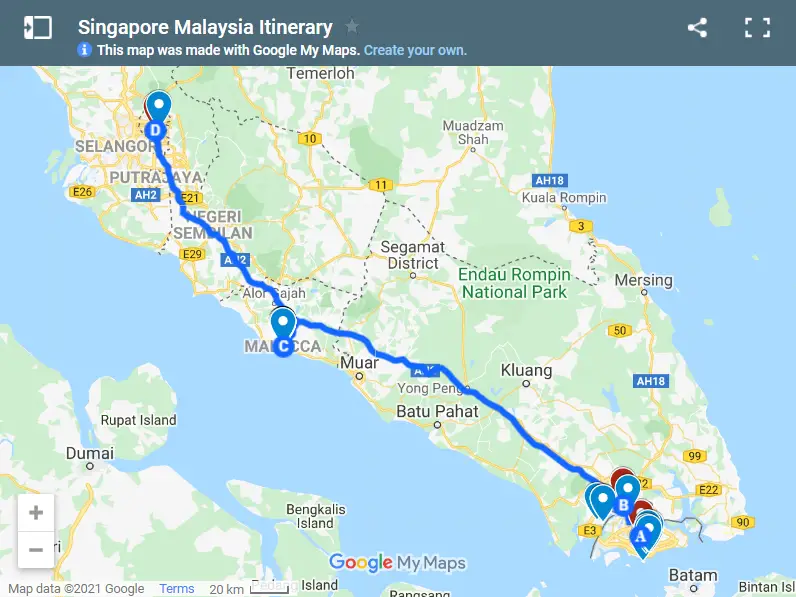 Singapore Malaysia Itinerary map