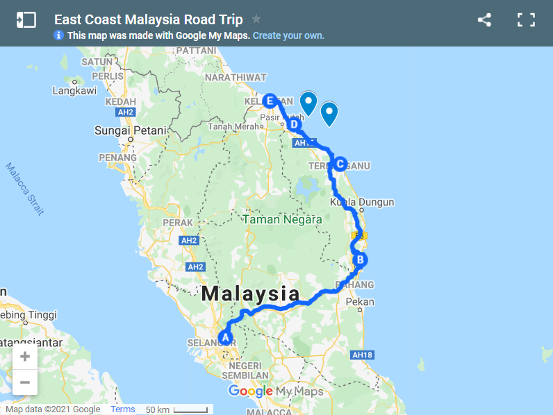 East Coast Malaysia Road Trip map
