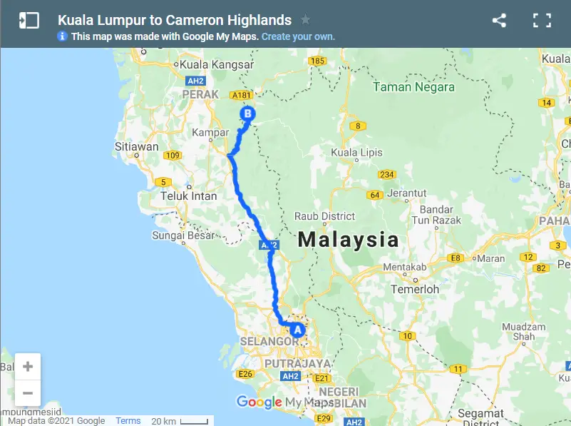 Kuala Lumpur to Cameron Highlands map
