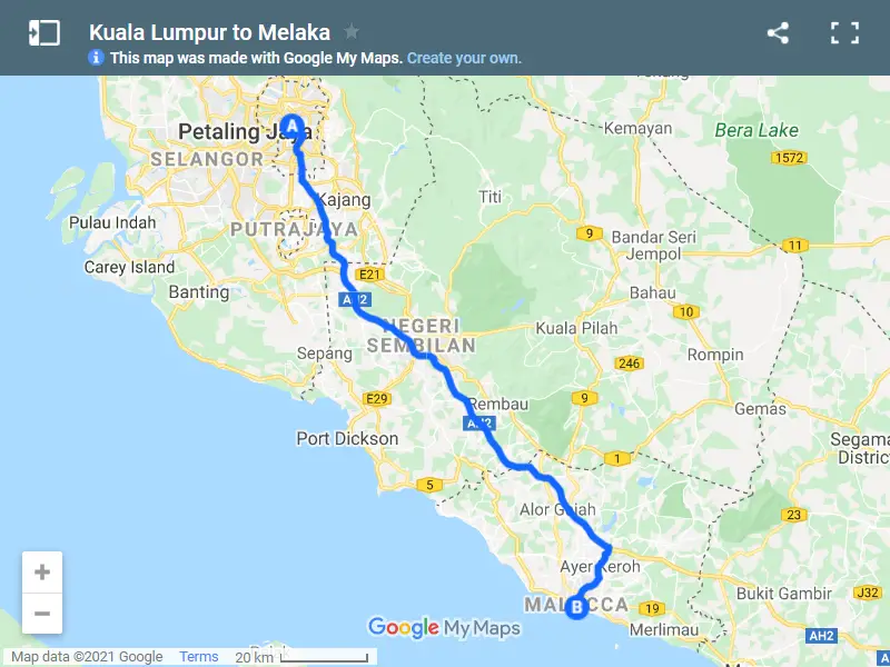 Kuala Lumpur to Melaka map