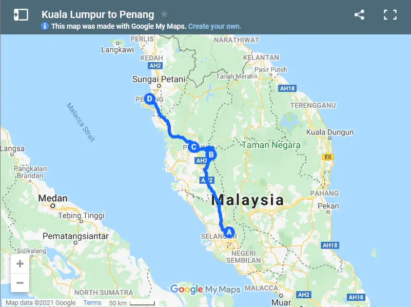 Kuala Lumpur to Penang map
