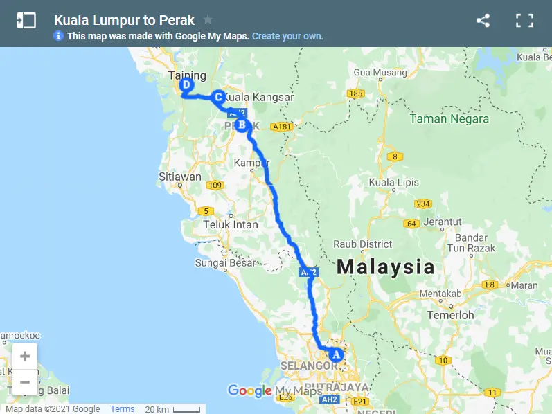 Kuala Lumpur to Perak map