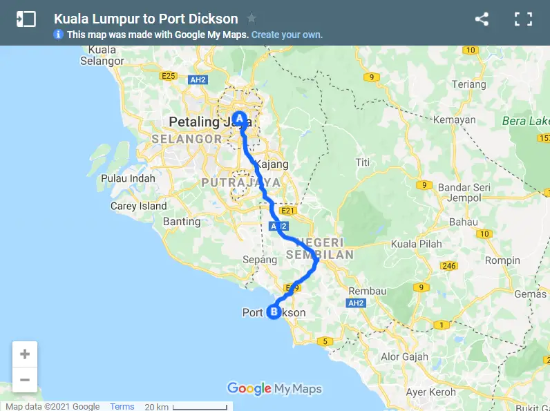 Kuala Lumpur to Port Dickson map
