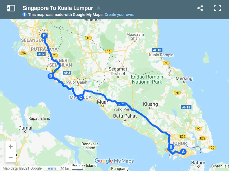 Singapore To Kuala Lumpur map