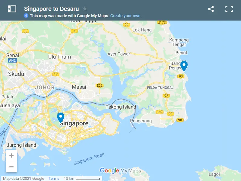 Singapore to Desaru map