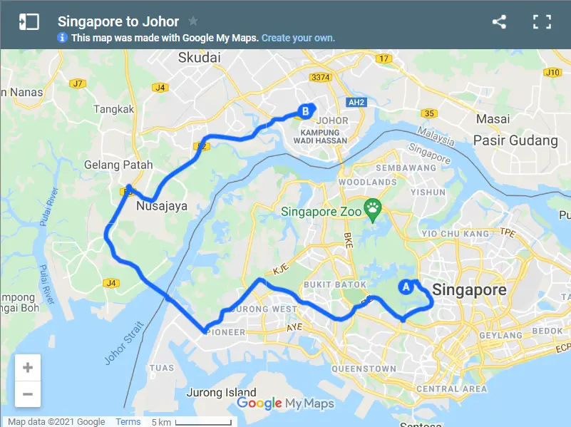 Singapore to Johor map