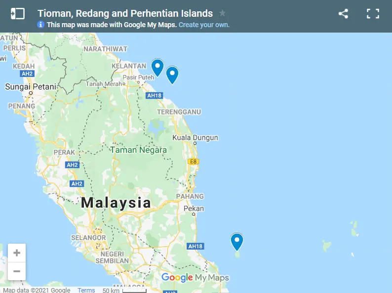 Tioman, Redang and Perhentian Islands map