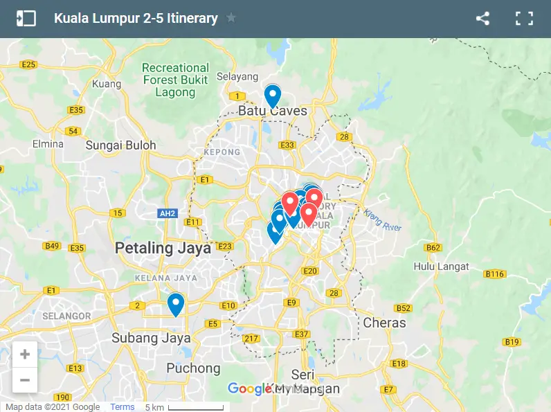 Kuala Lumpur 2-5 Itinerary map