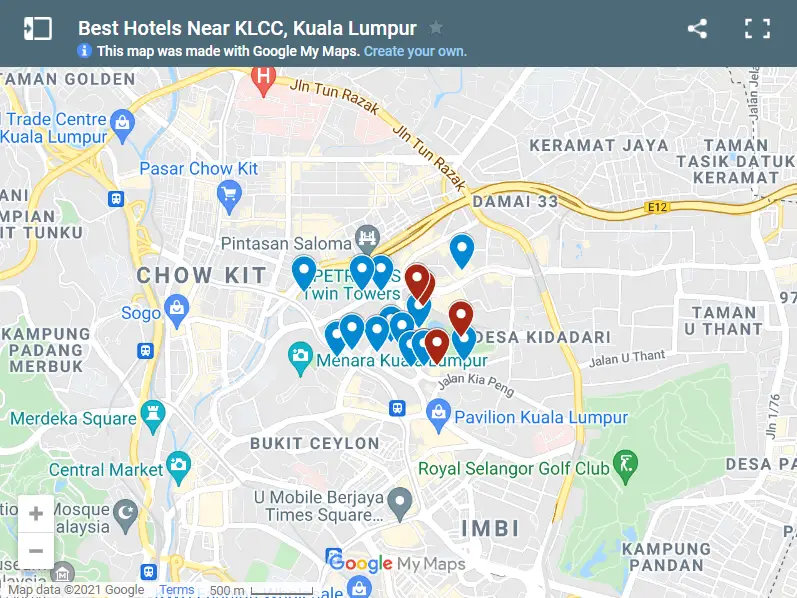 Best Hotels Near KLCC Kuala Lumpur map