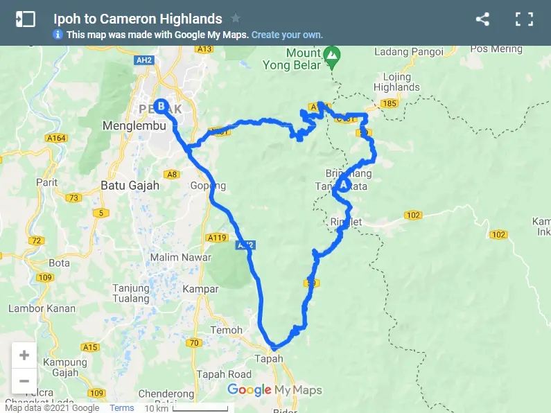 Ipoh to Cameron Highlands map