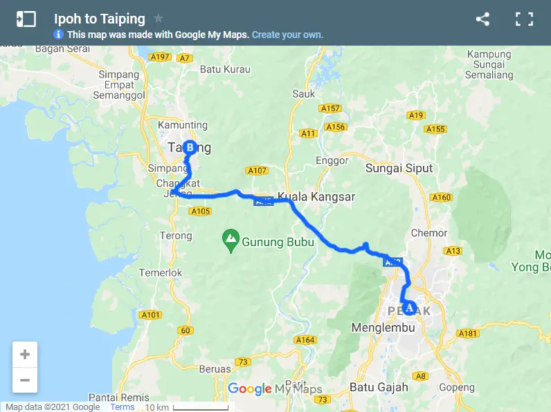 Ipoh to Taiping map