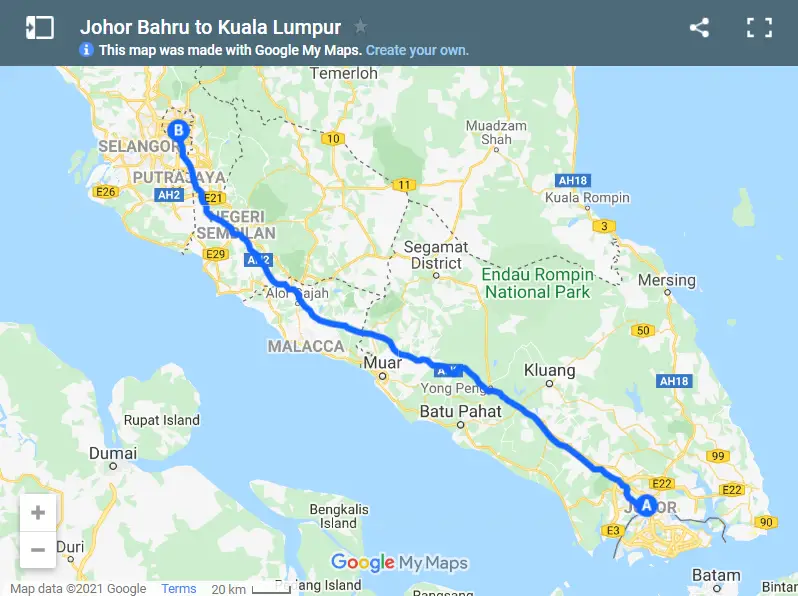 Johor Bahru to Kuala Lumpur map