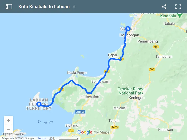 Kota Kinabalu to Labuan map