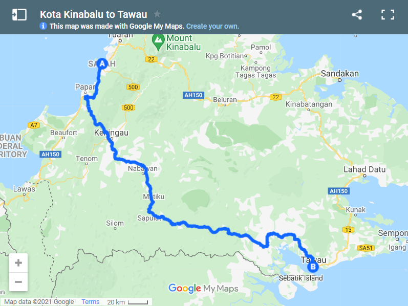 Kota Kinabalu to Tawau map