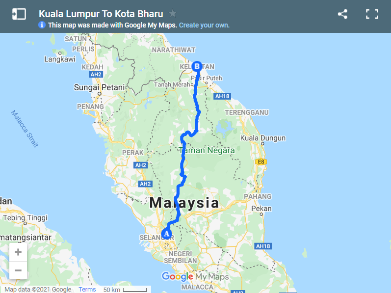 Kuala Lumpur To Kota Bharu map