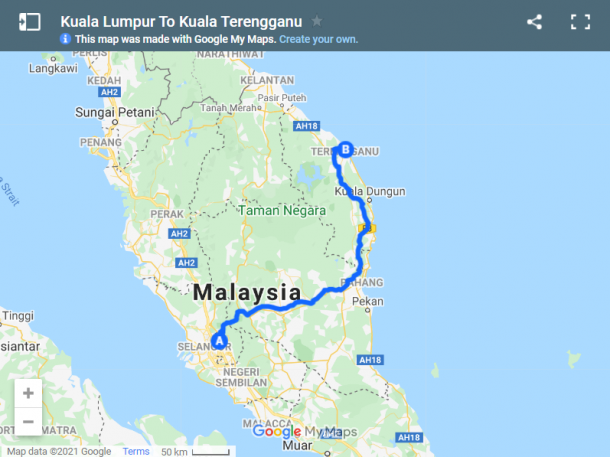 Kuala Lumpur To Kuala Terengganu Map 610x457 