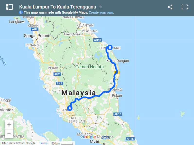 Kuala Lumpur To Kuala Terengganu map