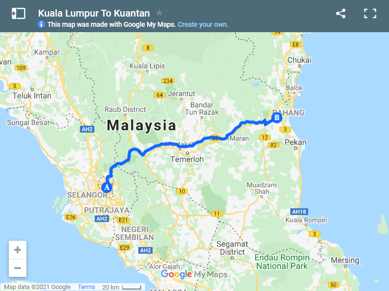 Kuala Lumpur To Kuantan map