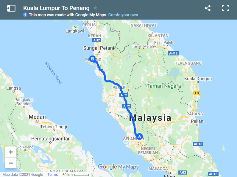 Kuala Lumpur To Penang map