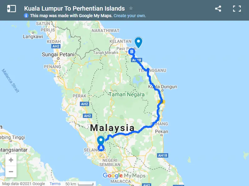 Kuala Lumpur To Perhentian Islands map