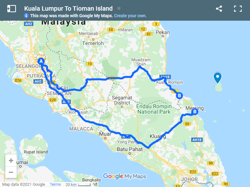 Kuala Lumpur To Tioman Island map