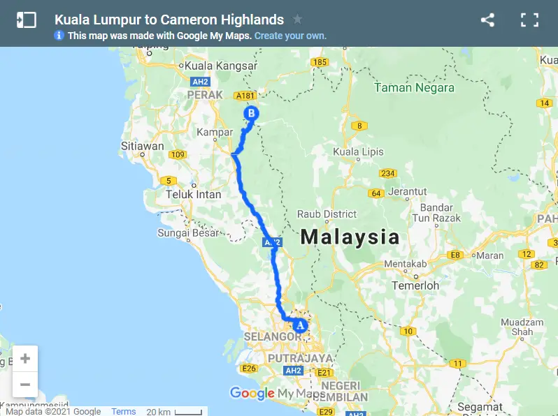 Kuala Lumpur to Cameron Highlands map