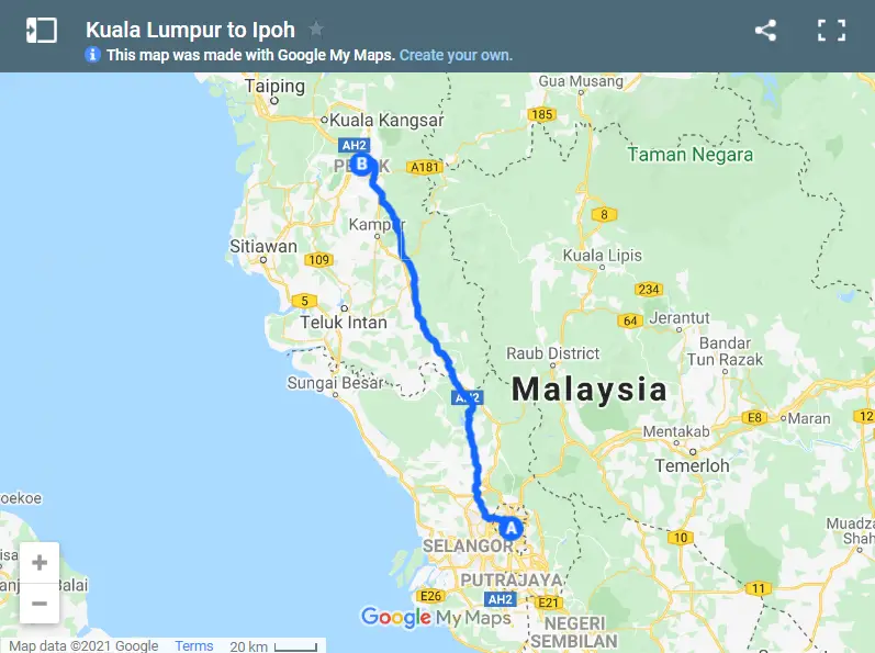 Kuala Lumpur to Ipoh map