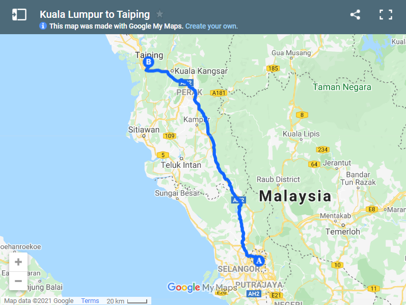 Kuala Lumpur to Taiping map