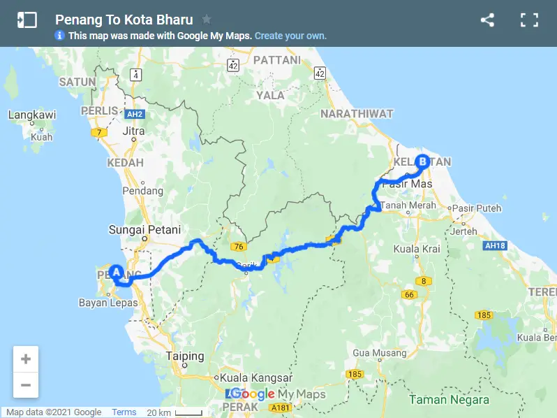 Penang To Kota Bharu map