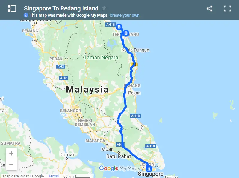 Singapore To Redang Island map