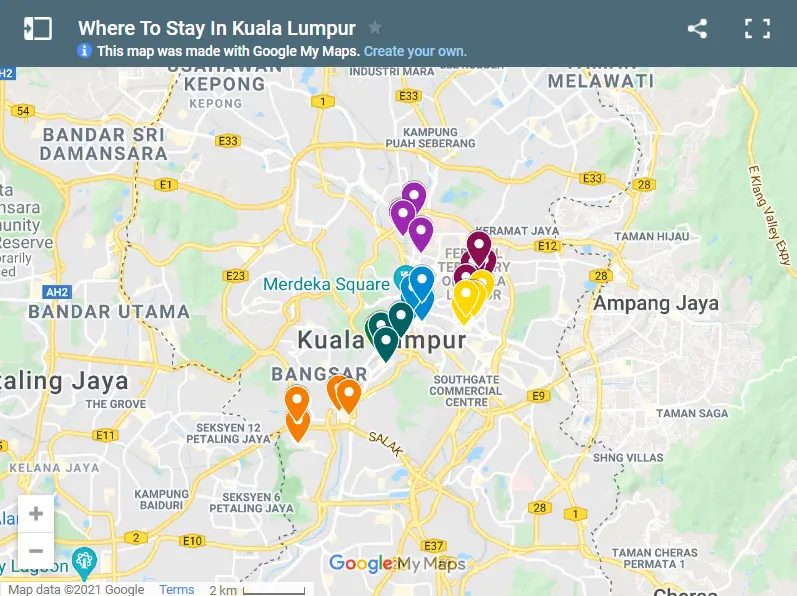 Where To Stay In Kuala Lumpur map