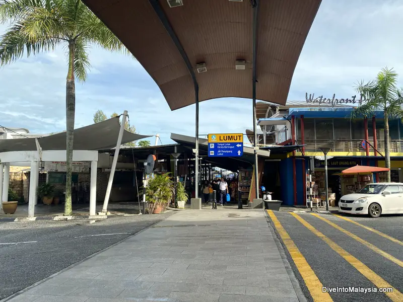 The covered walkway opposite the Lumut ferry terminal