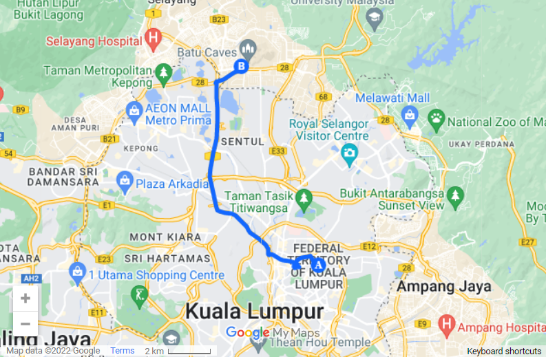 KL to Batu Caves map
