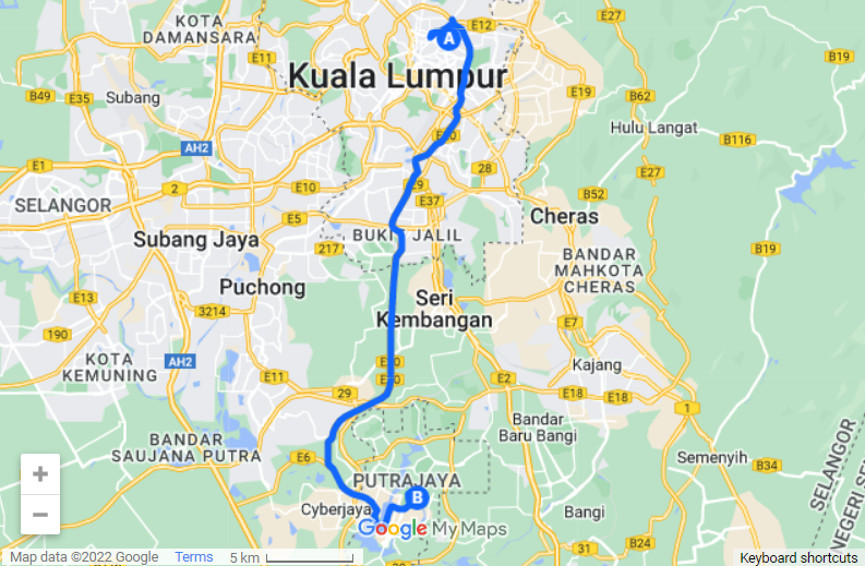 KL to Putrajaya map
