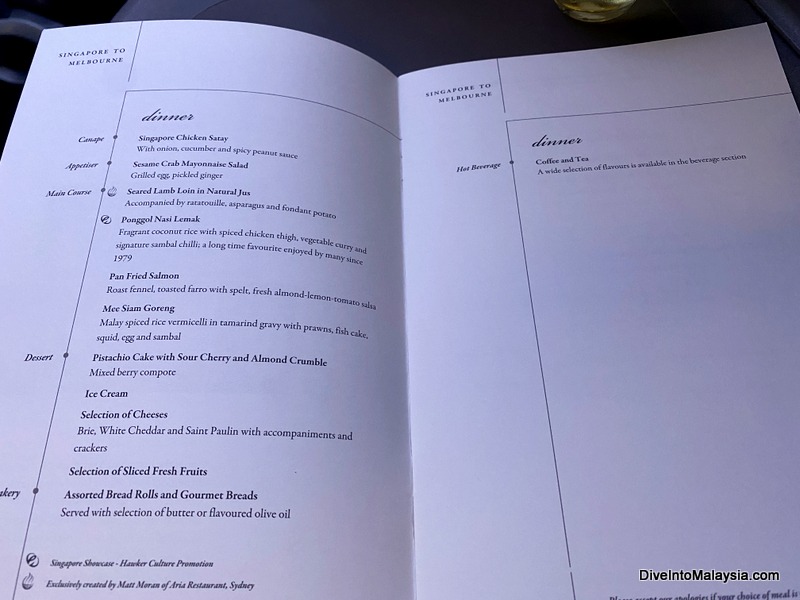 Dinner menu in Singapore Airlines business class