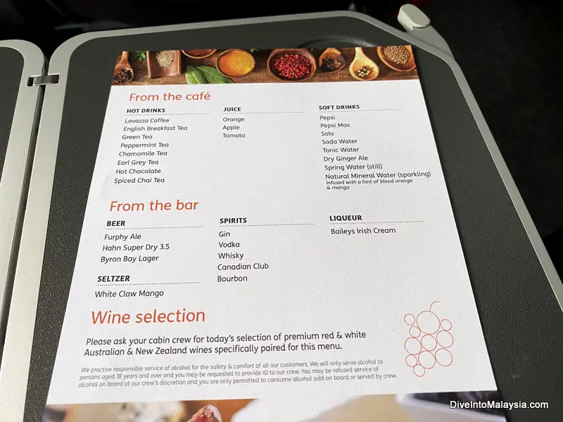 The Jetstar business class menu for drinks