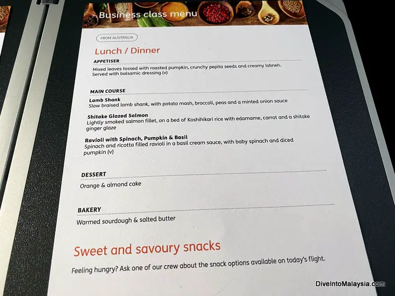 The Jetstar business class menu for lunch