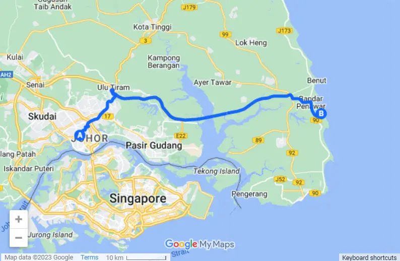 Johor Bahru to Desaru map