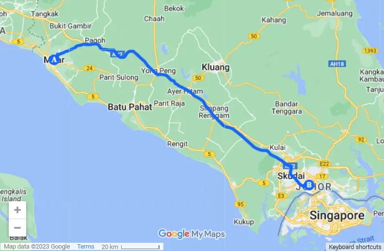 Muar to Johor Bahru map