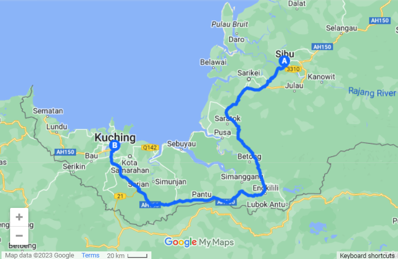 Sibu to Kuching map