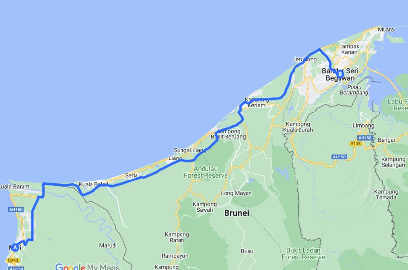 Miri to Brunei map