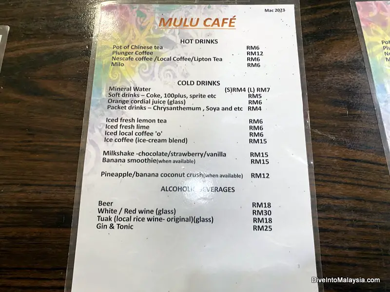 Cafe Mulu menu at Mulu National Park