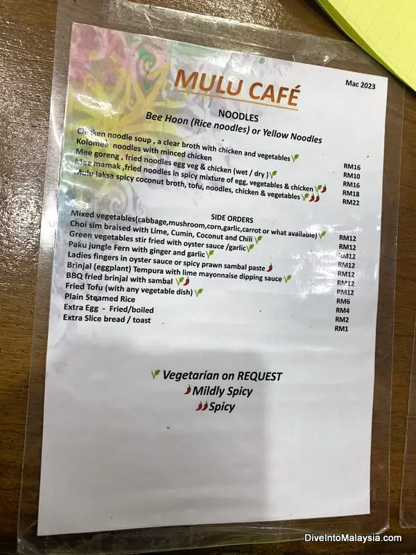 Cafe Mulu menu at Mulu National Park