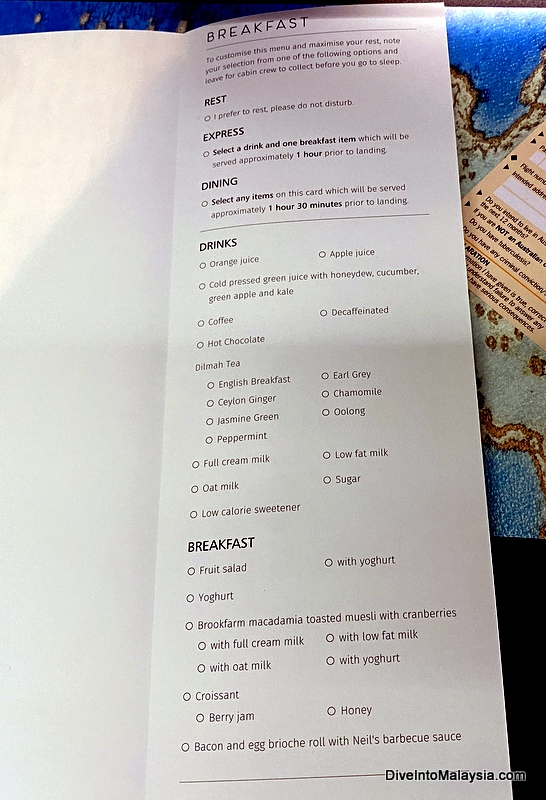 Qantas business class breakfast menu