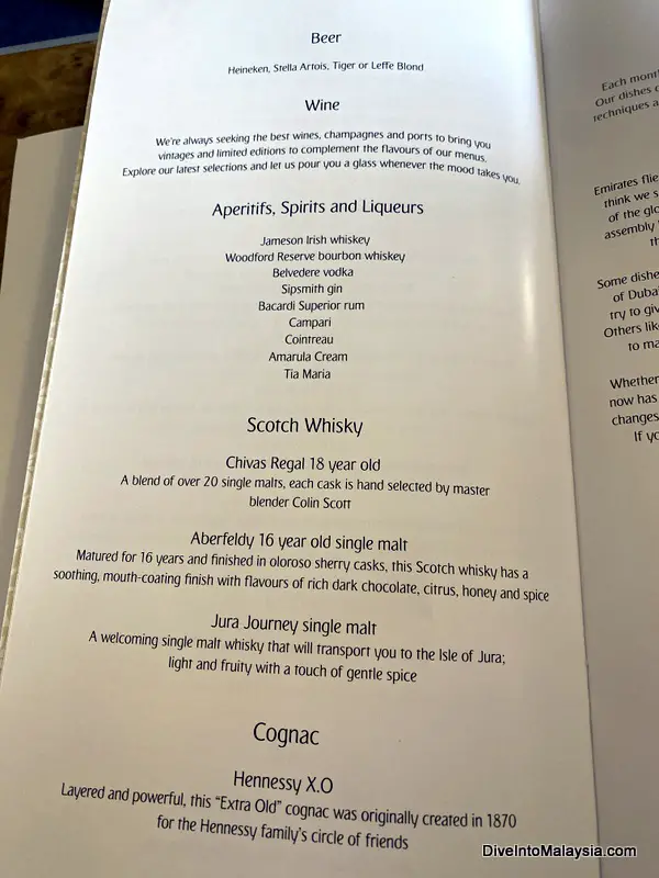 Emirates business class food and drinks menu
