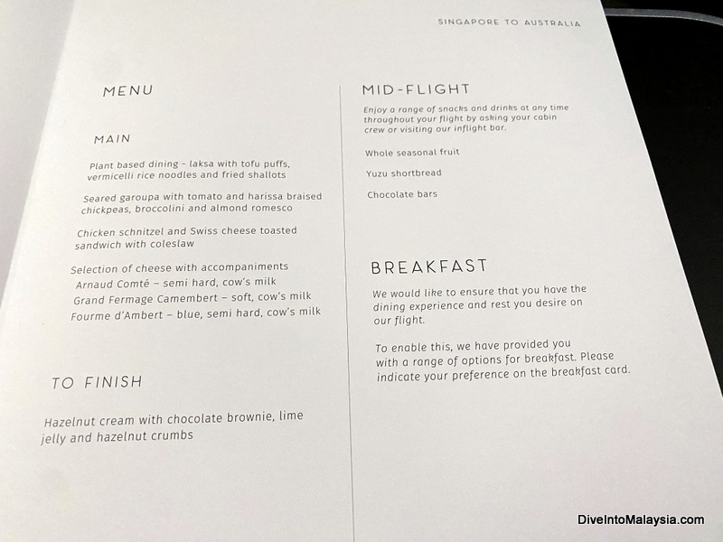 Qantas business class food menu