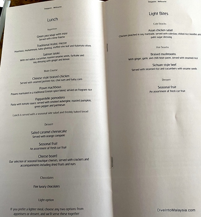 Emirates business class Food menu on my Singapore - Melbourne flight