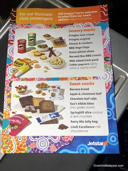 Jetstar business class snack menu